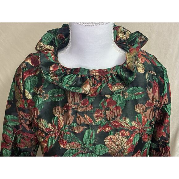 Shop the Mint Metallic Floral Holiday Top Bow Tie Neck Blouse Green Red Small - Picture 3 of 14